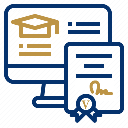 Diploma-Degree-Certificate-Graduate-Computer: a computer and diplomas with blue lines